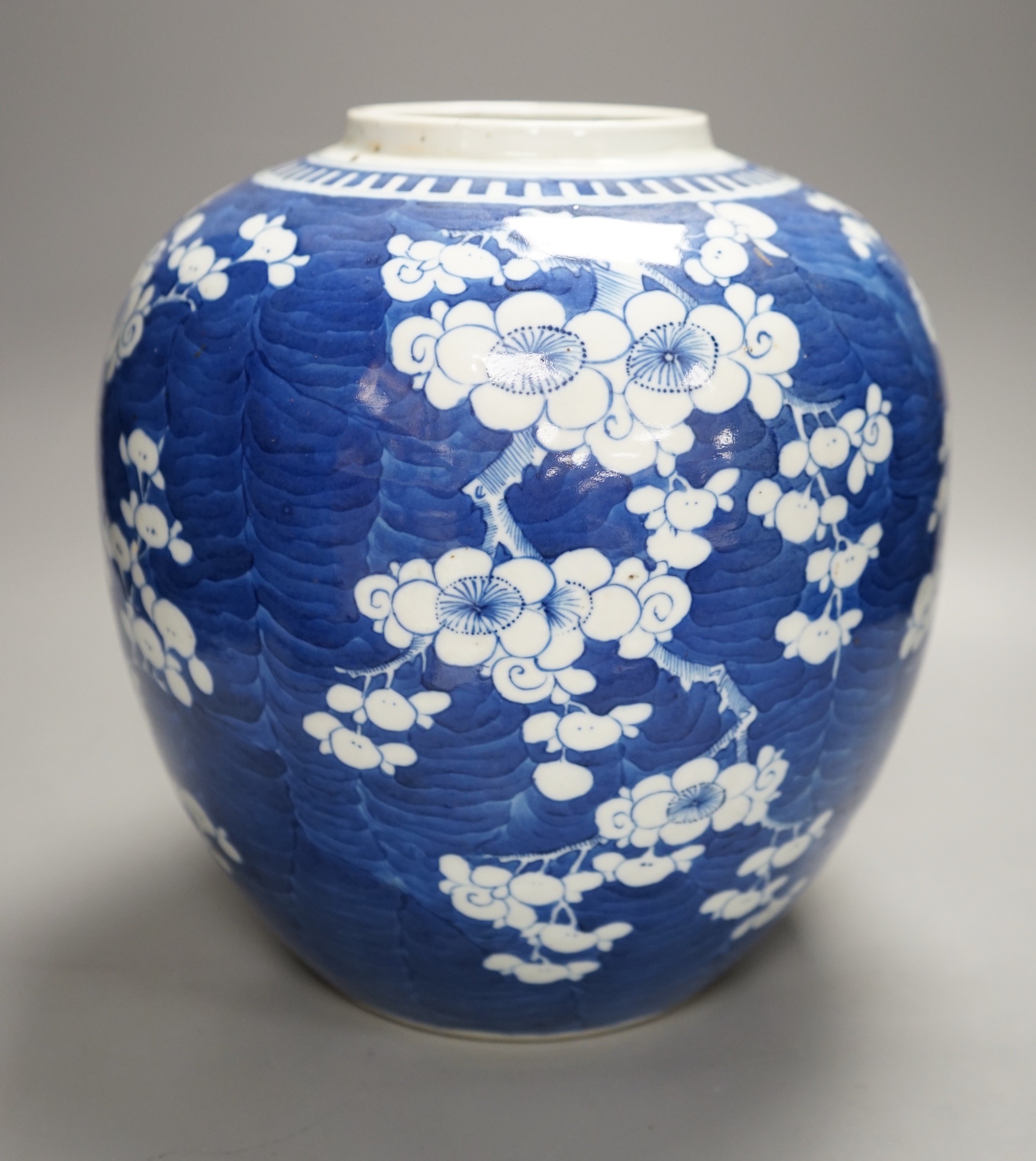 A large Chinese blue and white Prunus jar, 19th century, 27cm